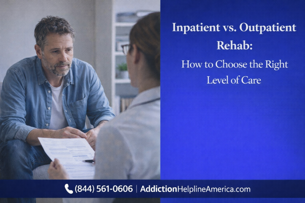 Person meeting with an addiction counselor to choose between inpatient and outpatient rehab