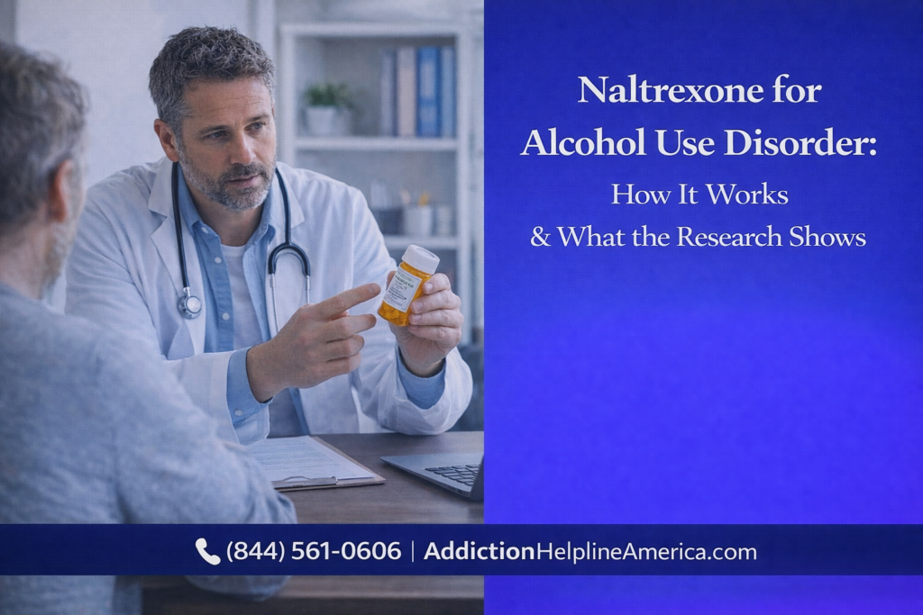 Doctor explaining naltrexone medication to a patient for alcohol use disorder treatment