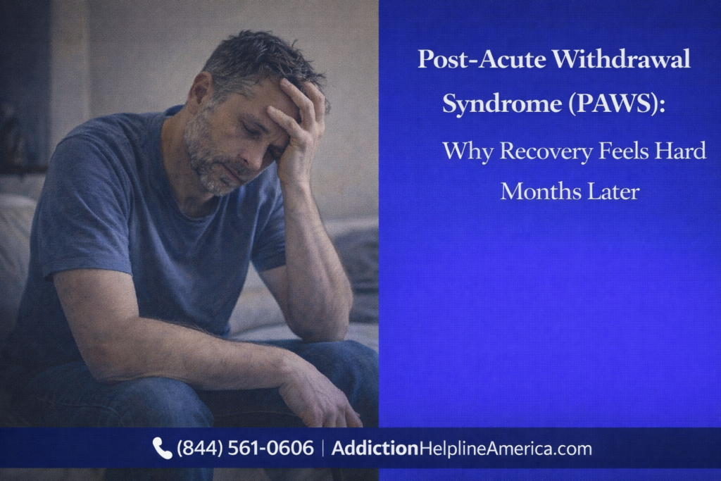 Person sitting alone looking exhausted and struggling months into addiction recovery from PAWS