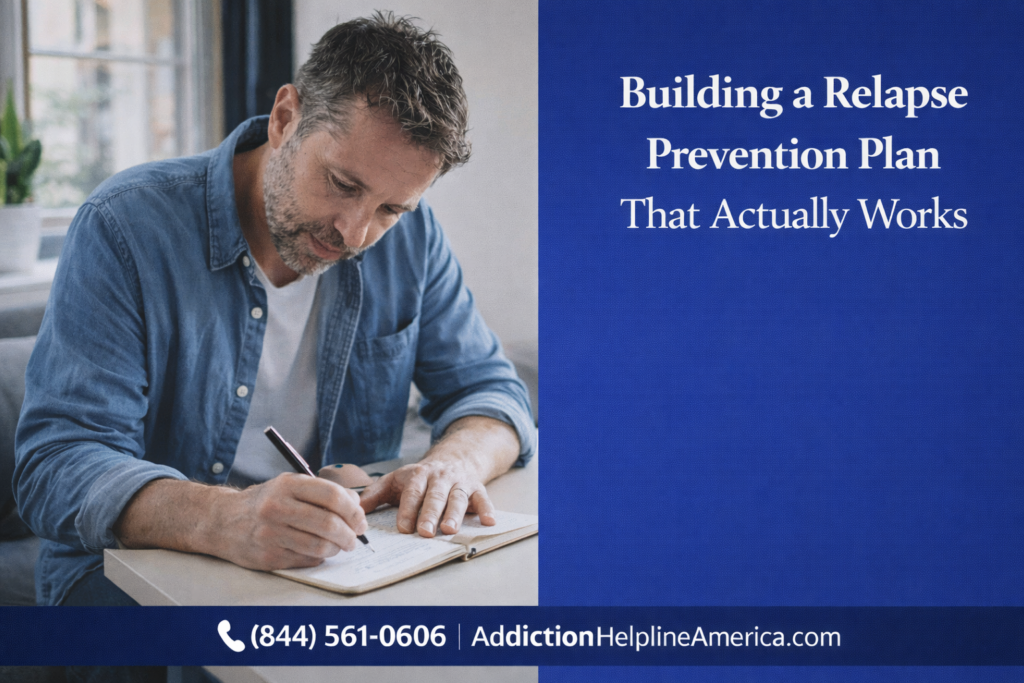 Person writing a relapse prevention plan in a journal during addiction recovery
