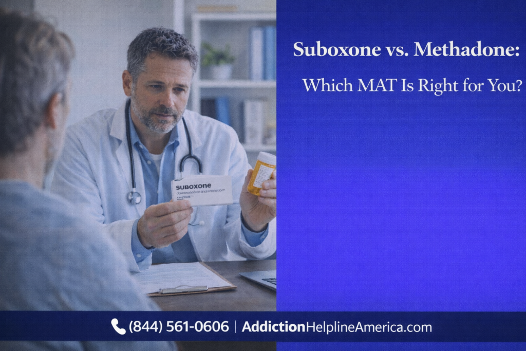 Doctor discussing Suboxone and methadone medication options with a patient for opioid addiction treatment