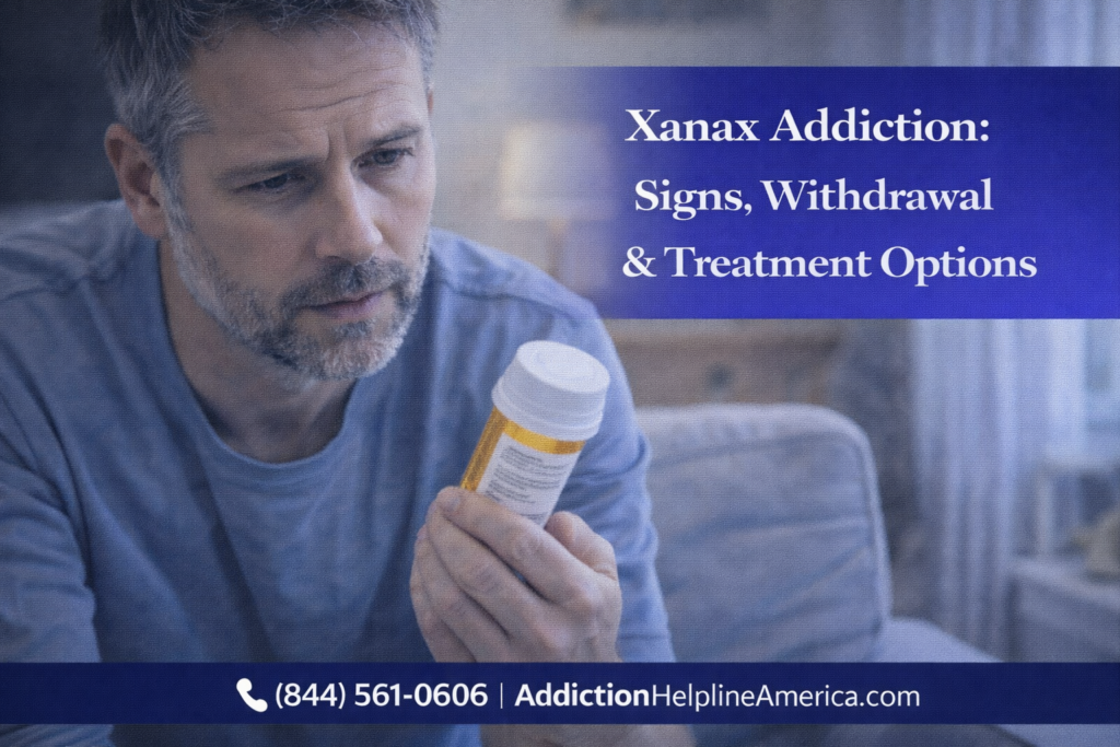 Person holding a prescription pill bottle representing Xanax addiction and benzodiazepine dependence
